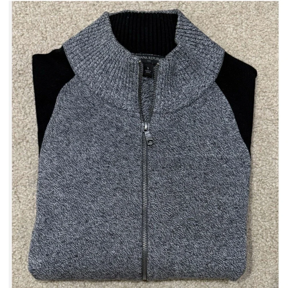 Banana Republic Mens Gray Black Mock Neck Full Zip Knit Sweater Jacket Pullover